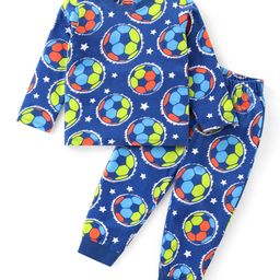 Babyhug Cotton Knit Full Sleeves Night Suit With Footballs Print - Navy-image-116