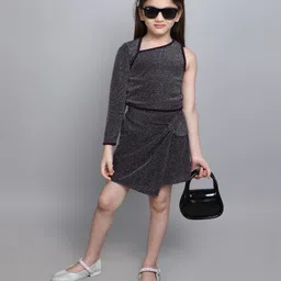 Taffykids Metallic Lurex One Shoulder Party Crop Top With Twist Detail Skirt Set - Purple-picture-49