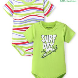 Babyoye 100% Cotton Knit Half Sleeves Eco Jiva Finish Onesies with Text Print & Stripes Pack of 2 - Light Green-image-72