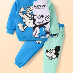 Babyhug Disney Cotton Knit Full Sleeves Cut & Sew T-Shirt & Lounge Pant Set with Mickey & Friends Graphics - Blue & Light Green-image-96