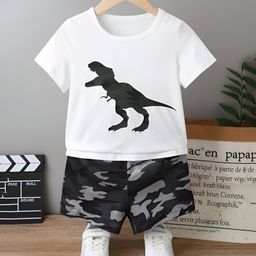 Googo Gaaga Cotton Half Sleeves Dinosaur Printed Tee & Camouflage Printed Shorts Set - White-image-43