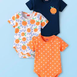 Babyhug 100% Cotton Knit Half Sleeves Tangerine Printed OnesiesPack of 3 - Orange White & Black-image-115