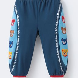 Mark & Mia Cotton Full Length Cut & Sew Pants with Bear Patch & Text Print - Navy Blue-image-80