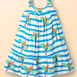 Babyhug Cotton Woven Sleeveless Striped Frock With Bird Print - Light Blue & White-image-3