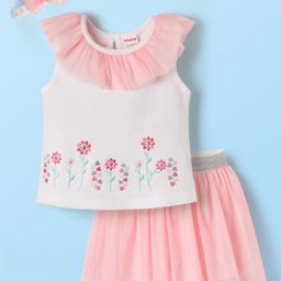 Babyhug Single Jersey Knit Sleeveless Top & Skirt Set With Floral Embroidery & Headband - White & Pink-picture-19