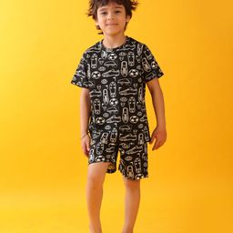 Anthrilo Cotton Knit Half Sleeves Football Theme Printed Tee & Coordinating Shorts Set - Black-picture-12