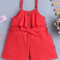 BUMZEE Cotton Knit Sleeveless Frill Detailing Solid Jumpsuit With Belt - Red-image-12