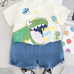 Googo Gaaga Cotton Half Sleeves Dinosaurs Printed Tee & Shorts Set - Cream-image-89