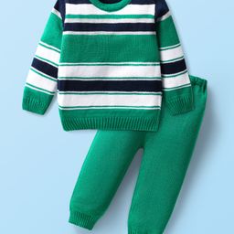 Babyhug Knitted Full Sleeves Striped Sweater Set - Green-image-58