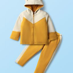 Babyhug Fur Knit Full Sleeves Front Open Hooded Jacket & Pant Winter Wear Suit Set with Cut & Sew Design - Yellow & White-image-90
