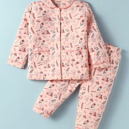 CUCUMBER Sinker Knit Full Sleeves Co-ords Night Suit With Floral Print - Peach-image-74
