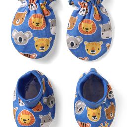 Babyhug 100% Cotton Knit Mittens & Booties Set with Animal Print - Light Blue-image-118