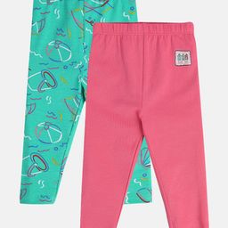 MINI KLUB Cotton Pack Of 2 Solid & Beach Theme Printed Leggings - Pink & Blue-image-81