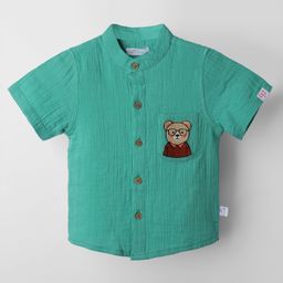 Greendeer 100% Softner Washed Muslin Cotton Woven Half Sleeves Teddy Bear Embroidered Shirt - Mint-image-83