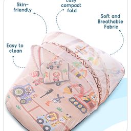 Babyhug Cotton Bedding Set with Mosquito Net Vehicle Print- Biege image 3