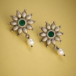 Fabindia Gold Plated Artificial Stones And Beads Studded Leaf Shaped Studs-1