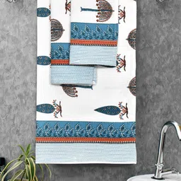 MAFATLAL White & Blue 3 Pieces Ethnic Motifs Printed Cotton 250 GSM Towel Set-picture-20