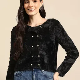 Mast & Harbour Women Woollen Cardigan with Fuzzy Detail-image-83