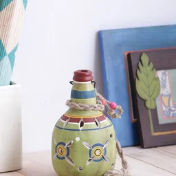 VarEesha Green Hand Painted Terracotta Bottle Tea Lite Diya Lantern with Handle-19