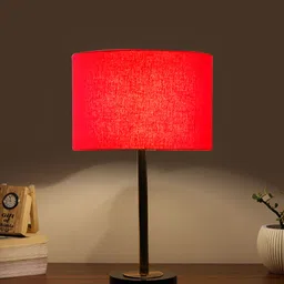 Aura Red & Copper Toned Traditional Cylindrical Shaped Cotton Shade Wooden Table Lamp-4