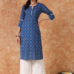 Meeranshi Bandhani Printed Notch Neck Three-Quarter Sleeves Cotton Straight Kurta-picture-16