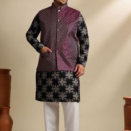SOJANYA PLUS Men Plus Size Geometric Printed Kurta with Pyjama & Nehru Jacket-image-80