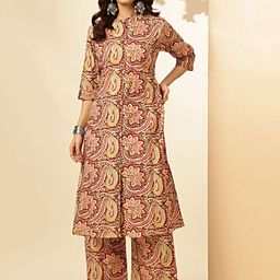 Vbuyz Floral Kalamkari Printed Mandarin Collar Pure Cotton Straight Kurta with Palazzos-10