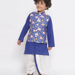 Little Bansi Cow Print Jacket with Golden Stripes Kurta and Dhoti - Royal Blue-image-61
