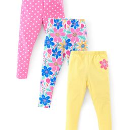 Babyhug Cotton Lycra Full Length Leggings Floral Printed Pack of 3 - Pink Yellow & Blue-image-68