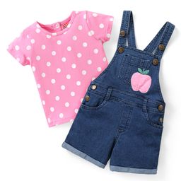 Babyhug Cotton Woven Dungaree with Half Sleeves T-Shirt Polka Dot - Pink & Blue-image-55