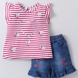 ToffyHouse 100% Cotton Knit Frill Sleeves Striped Top & Denim Shorts Set With Floral & Heart Print - Red-image-45
