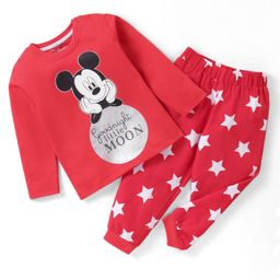 Babyhug Disney Cotton Knit Full Sleeves Night Suit With Mickey Mouse Print - Red-image-65