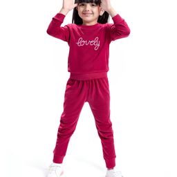 Babyhug Velour Woven Full Sleeves Winter Wear Set With Text Embroidery - Dark Pink-image-18