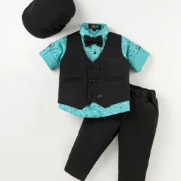 Robo Fry Lycra KnitHalf Sleeves Printed 3 Piece Party Suit with Cap & Bow - Black-picture-11