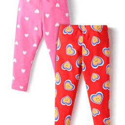 Babyhug Cotton Lycra Full Length Leggings With Heart Print Pack of 2 - Red & Pink-image-72