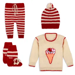Windrop Solutions Full Sleeves Ice Cream Designed Crocheted Sweater With Coordinating Striped Pajama Cap & Booties Set - Beige & Red-picture-20