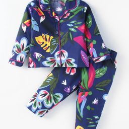 Doreme Cotton Knit Full Sleeves Leaves Printed Night Suit - Navy Blue-image-83