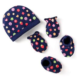 Babyhug Cotton Interlock Knit Cap Mittens And Booties Floral & Smiley Print - Navy Blue-image-0