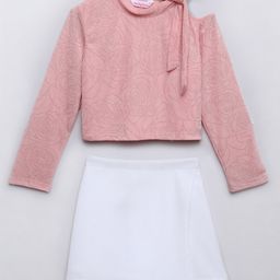 Taffykids Full Sleeves Beads Embellished Floral Designed Cut Out Detail Party Top With Wrap Skirt Set - Peach & White-image-24