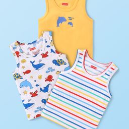 Babyhug 100% Cotton Knit Sleeveless Sea Life Theme Printed Sandos Pack of 3 - Yellow & White-image-11