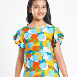 Pine Kids Rayon Woven Flutter Sleeves Top with Abstract Print - Blue & Yellow-image-28