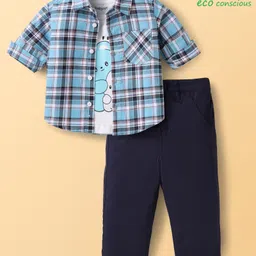 Babyoye Eco Conscious 100% Cotton Woven Full Sleeves Checkered Shirt & Trouser Set with Inner Tee - Light Blue-picture-30