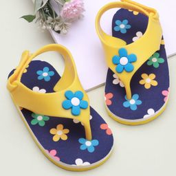 Babyoye Velcro Closure Flip Flops With Floral Applique & Print-Yellow & Navy Blue-image-88