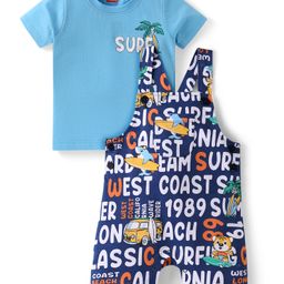 Babyhug Single Jersey Knit Dungaree & Half Sleeves T-Shirt With Tropical Theme - Navy Blue-image-47