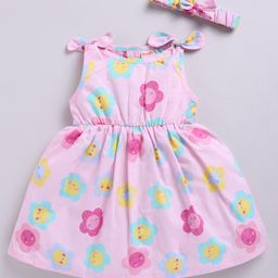 Snuggly MONKEY Poplin Sleeveless Floral Printed Dress With Headband Set - Pink-image-28