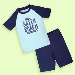 Kiddopanti Half Raglan Sleeves Salty Beach Text Printed Tee & Shorts Set - Aqua Green & Navy Blue-image-98