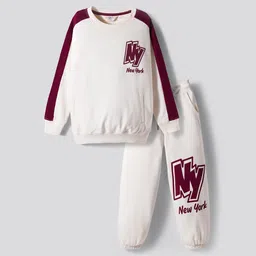 Primo Gino 100% Cotton Knit French Terry Oversized Drop Shoulder Full Sleeves Color Block Sweatshirt and Jogger Set With New York Text Print- White & Maroon-picture-9