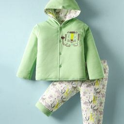 Child World Knit Full Sleeves Winter Wear Hooded Sweatjacket & Lounge Pant Set With Animal Print & Embroidery - Green-picture-32