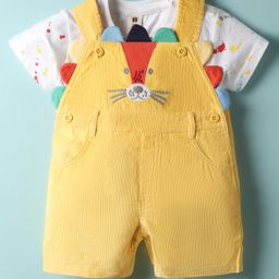 ToffyHouse Corduroy Woven Half Sleeves T-Shirt & Dungaree with Animal Applique - White & Yellow-picture-2
