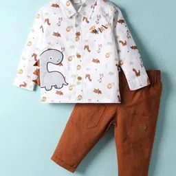 WOW Poplin Woven Full Sleeves Animal Printed Shirt With Dino Embroidery & Pant - Multi Colour-picture-1